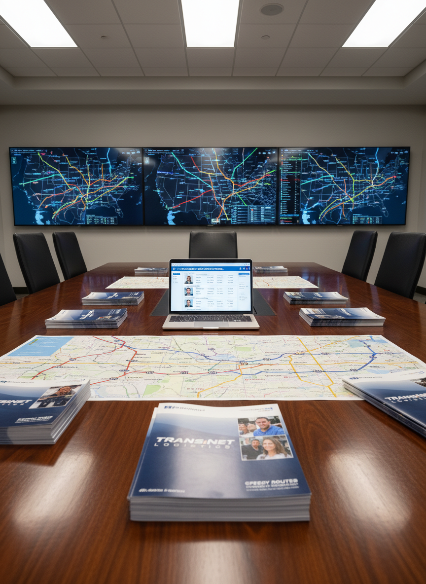 A modern logistics command center conference table made of dark walnut, covered with neatly arranged carrier brochures, color-coded route maps, and a sleek open laptop displaying a dashboard of pre-qualified CDL driver profiles. Multiple large wall-mounted digital maps in the background show U.S. highways and real-time freight lanes. Clean, bright office lighting from recessed ceiling fixtures creates crisp reflections on the polished tabletop and clear, legible screens. Shot at eye level with a slight wide-angle lens, everything is in sharp focus, emphasizing organization and professionalism. The mood is efficient and trustworthy, with photographic realism and a clean, corporate aesthetic suitable for a premium recruiting agency website.